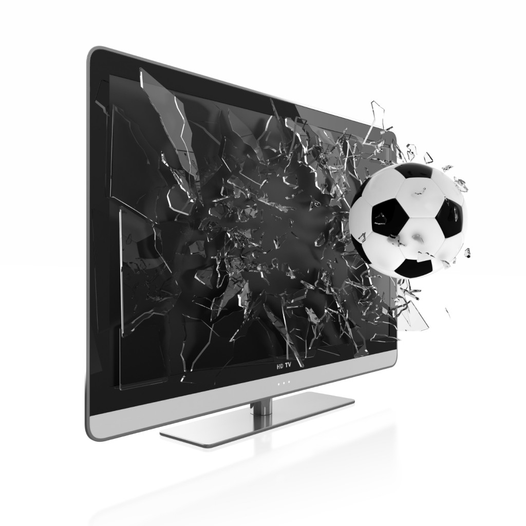 3D illustration of soccer ball breaking TV screen. Stereoscopic TV.